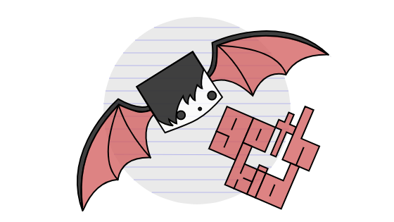 Goth Kid logo featuring a bat with swoopy hair and a circular lines-paper style background