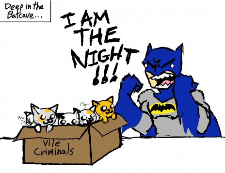 Batman yells at a box of kittens.