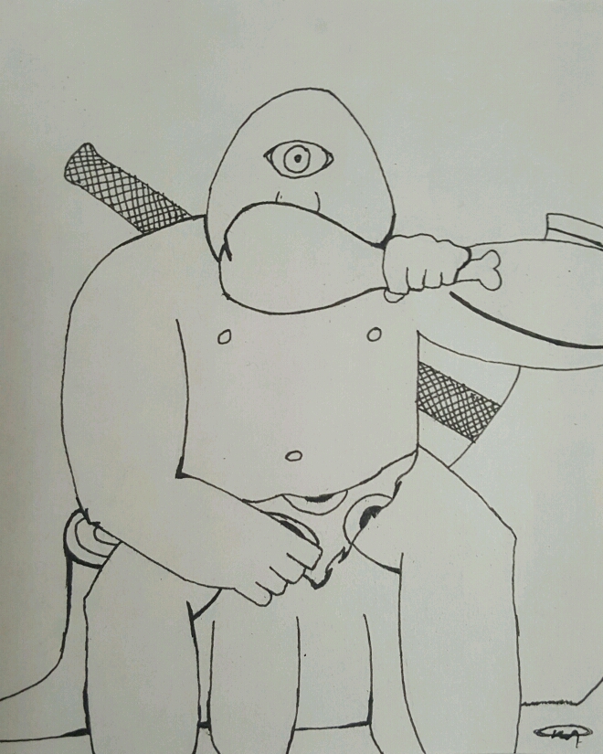 A Cyclops who has a daunting battle axe, that is eating.